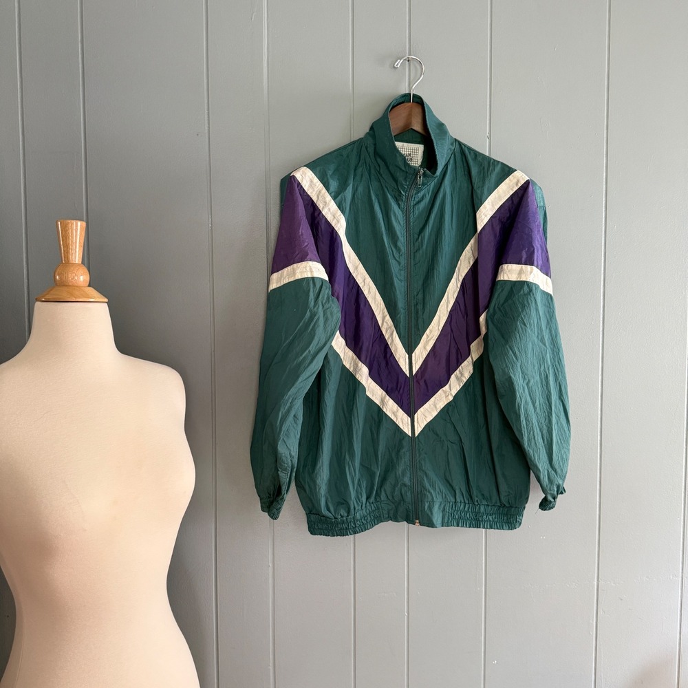 Vtg 90s Womens Windbreaker Jacket Teal Purple Chevron‎ Color Block Nylon Small